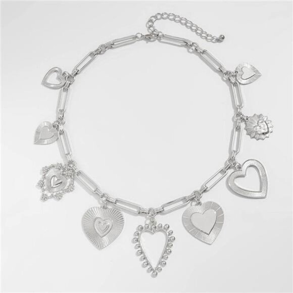 Chunky Heart Pendant Charm Necklace Silver Tone Fashion Layered Jewelry - Picture 6 of 7